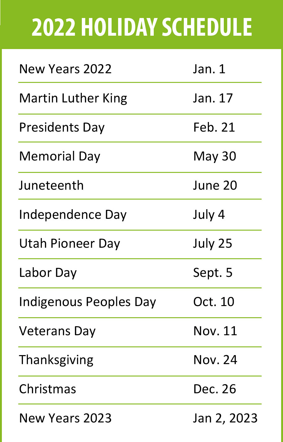 Holiday Schedule – National JACL Credit Union